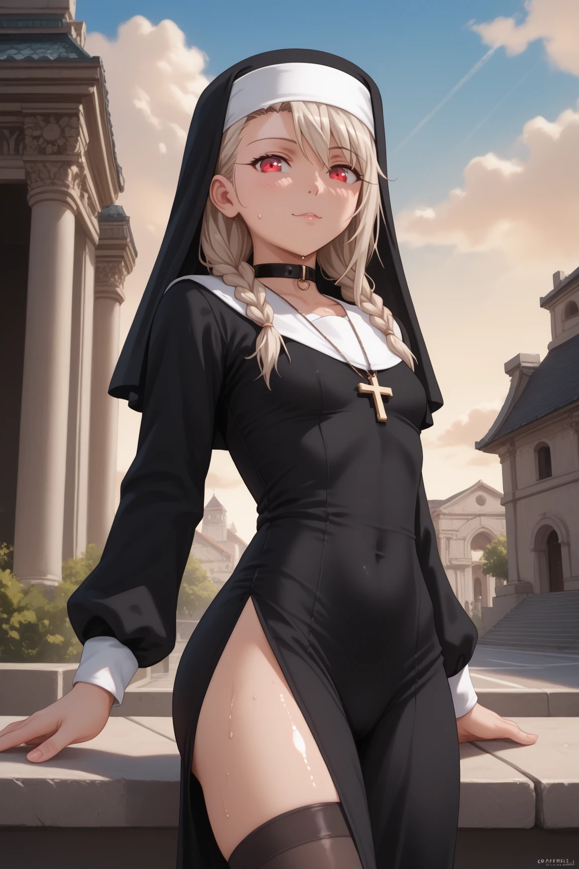 1 girl, ((completely naked)), breast, crotch, arm sleeves,(( visible vagina, pussy)), white hairs, ((nun, belt, cloak)), gloves, garter, stockings, boots, scenery, green fields, tree, flowers, walking towards viewer