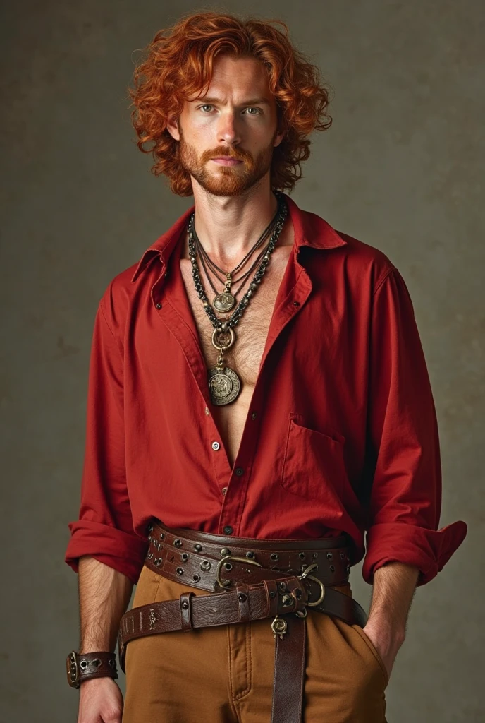 30 years old man, wearing a medieval classic style red tunic, made of cotton fabric, the tunic has elaborate details, with sleeves, The pants are black cotton, He wears a thick, heavy gold necklace. The man has light blond hair, long, which gives it an air of nobility and elegance, his face resembles that of Alex Pettyfer and seriously, with an expression of authority, He is standing, in full body image, with an erect and dignified posture, conveying confidence and presence, The background is a luxurious environment