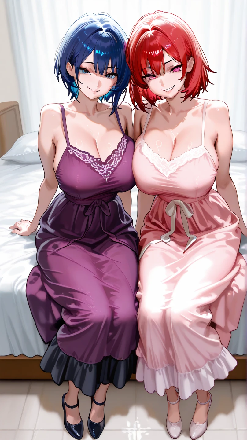 (two women in the picture) Young women : 1.3, one of Purple hair fulfilled other blue hair: 1.2, Tall: 1.2, Occupation: 1.2, Daytime: 1.2, On the street: 1.2, Film lighting, Best quality, 8k, purple sleepwear, lying in bed, large breasts (((anime traits)) Korean girl, seductive look, sexy, open mouth and smiling ((medium breasts)) (best quality)