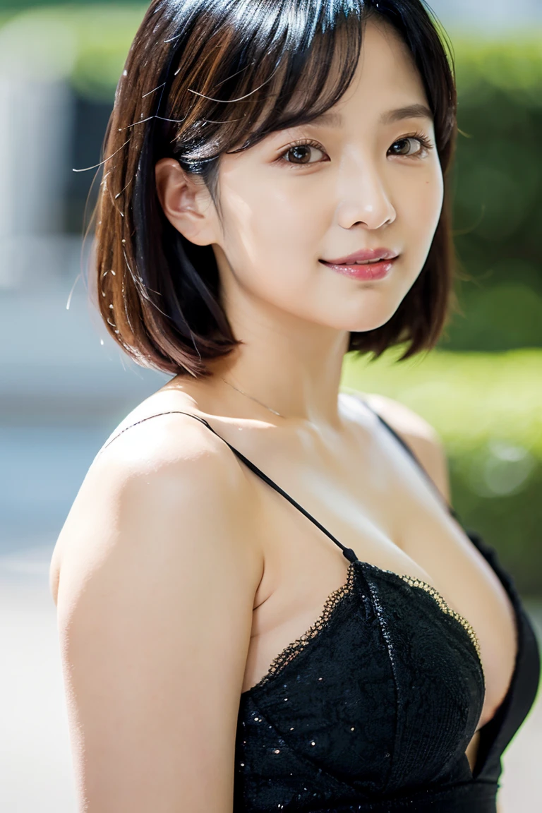(8k、RAW Photography、top-quality、​masterpiece:1.2)、(realisitic、Photorealsitic:1.37)、top-quality、超A high resolution、light  leaks、Dynamic lighting、Slim and smooth skin、(pureerosface_v1:1)、bond、a navel、(beatiful detailed eyes:1)、(Beautiful detail face:1)、(Freebuff:1.2)、outside of house、ulzzang-6500、1girl in、is standing、The upper part of the body,,,from the front side、front-facing view、Look at viewers、huge tit、 arms behind back、a street、sunlights