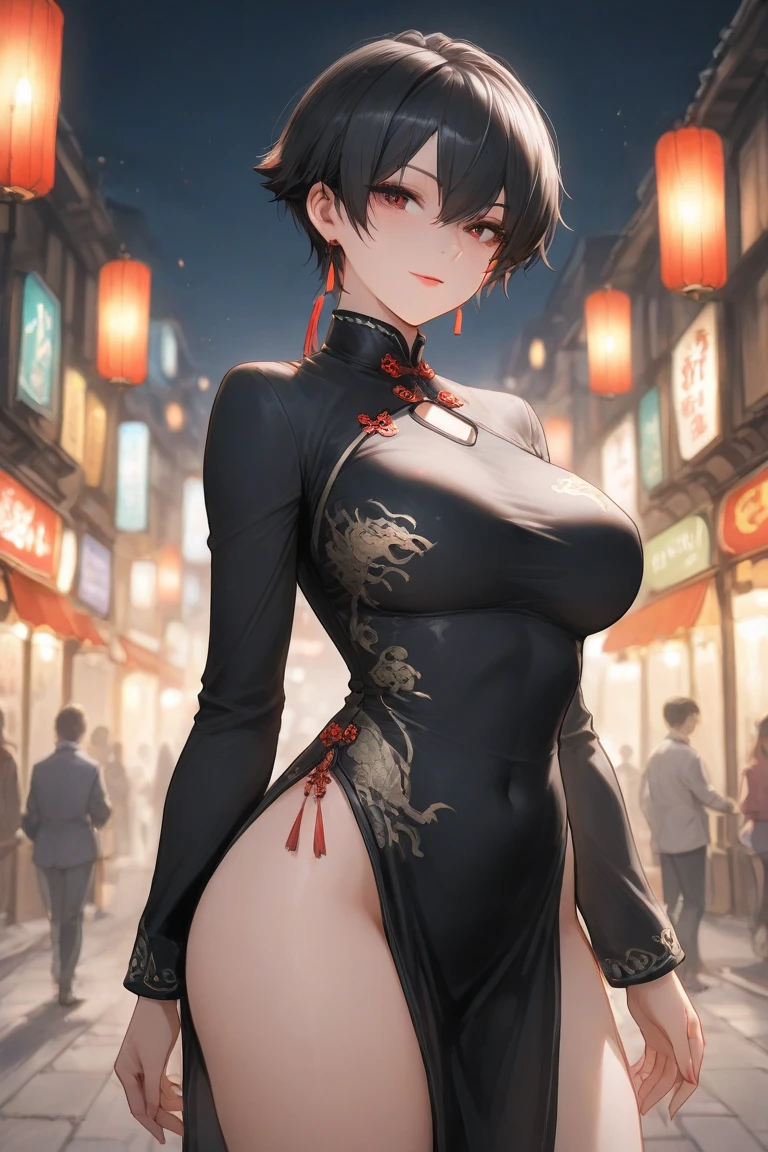 (masterpiece, 最high quality, 超High resolution, Very detailed), (Realistic:1.1, photoRealistic:1.4), Perfect illustration, Perfect lighting,Hair in perfect detail, Perfect and detailed face, Perfect collarbone, Perfect body,Juicy breasts, Perfect Thighs, Beautiful feet, View your viewers, 1 Girl,Perfect Face, (Perfect Anatomy, Anatomically correct), Symmetrical face、((Shiny Hair)),Sexy Body、(masterpiece),(最high quality：1.3),8k,Very clear,(Ultra-realistic),,Captivating woman,(high quality, High resolution, Fine details), Realisticなスタイルの女性,Juicy breasts、One perfect woman、Perfect Face、Symmetrical face、Baby Face、((Large Breasts))、Cleavage、blush、((Juicy lips))、Cowboy Shot、(((Short black hair bun)))、((Large, double-set black eyes、Long eyelashes))、((Red makeup))、(((A short, sexy Chinese dress)))、(((stockings)))、(Chinatown at night、On the road)