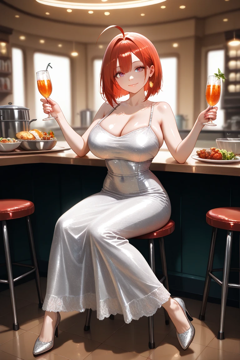 beautiful, hot, redhair, sexy, bigboobs, highquality , red dress , night , alcohol , restaurant ,