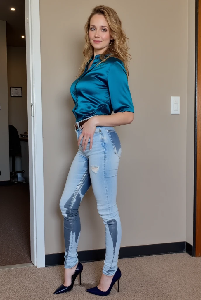 tall thin attractive blonde woman with long legs, blue eyes, messy bob hair, tight blouse skinny jeans, high heels, show heels, inviting smile, peeing self