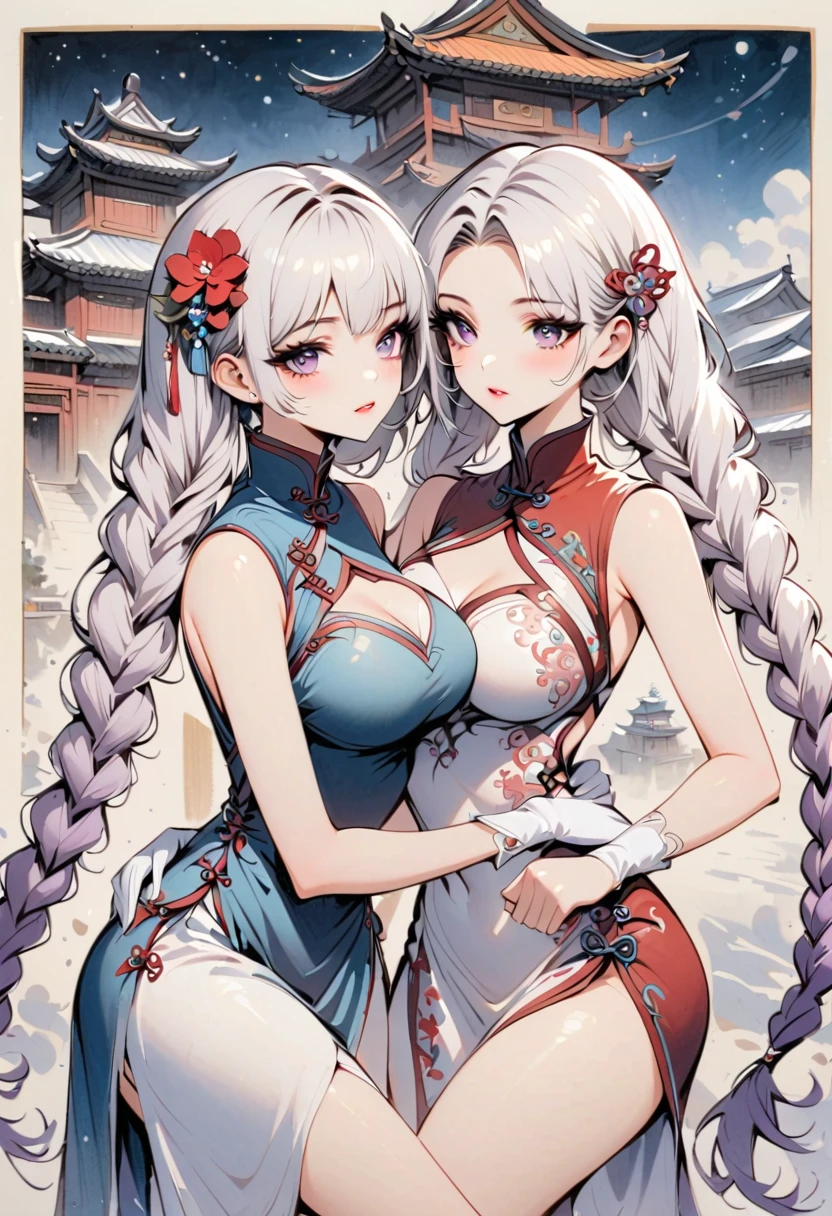 masterpiece, best quality, distinct image, 2 girls, 16 year old teenager, noble and elegant sundress, duo. soft facial features, symmetrical shaped face, cherry red lip, pure white skin, misty blue-colored eyes, short height(160cm), slender yet thick, striking silver-green hair, flowing long hairstyle tied into a messy bun,, curvy wide hips stretching the dress, full body image,