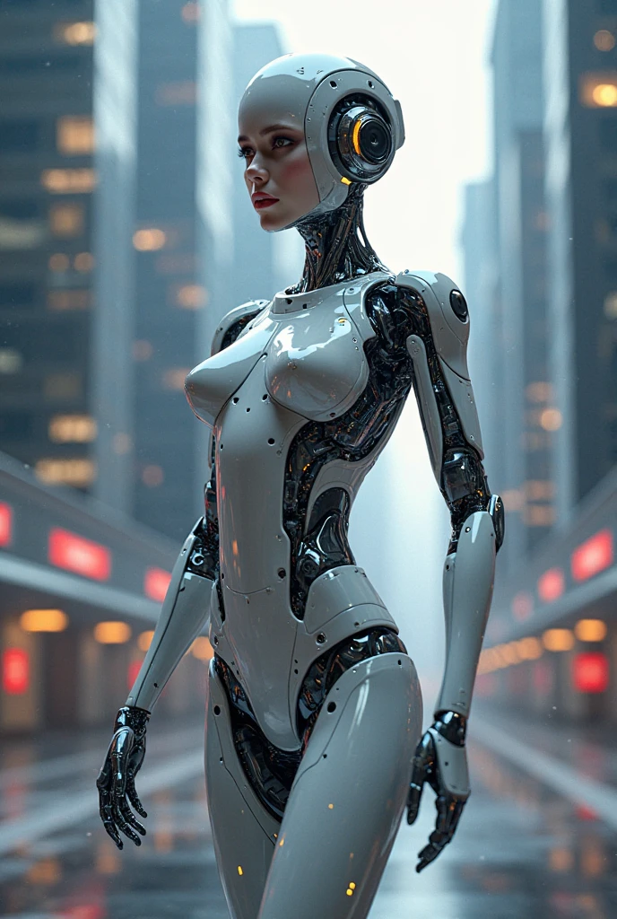 a beautiful woman-robot standing in a futuristic city backdrop, detailed intricate mechanical parts seamlessly blended with a slender, graceful humanoid form, magnificent anatomy and physique, 1/2 body crop, (best quality, 4k, 8k, highres, masterpiece:1.2), ultra-detailed,(realistic, photorealistic, photo-realistic:1.37), HDR, (intricate details:1.12), (intricate details, hyper-detailing:1.15), (natural skin textures, hyper realisitc, soft light, Sharp:1.2)