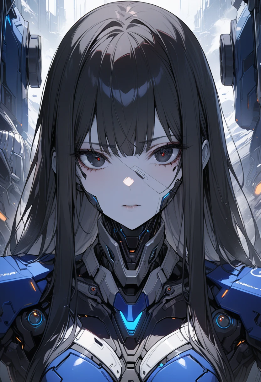 1 girl, cyborg, mechanical arms, mechanical legs, upper body, (cybernetic:1.4), battlefield scenery, (skulls, broken houses), war scenery, (blue flames:1.3), blue hair, yellow eyes, (absurdly long hair:1.4), glowing armor, solo focus, magical aura, [depth of field, ambient lighting, blurry foreground, blurry background], ornate armor, massive structures, atmospheric, smoke, (barren fields), (cliff:1.2), (magic circle), heavenly light, godrays, light flares, intricate details, enhanced lighting, starry sky.
