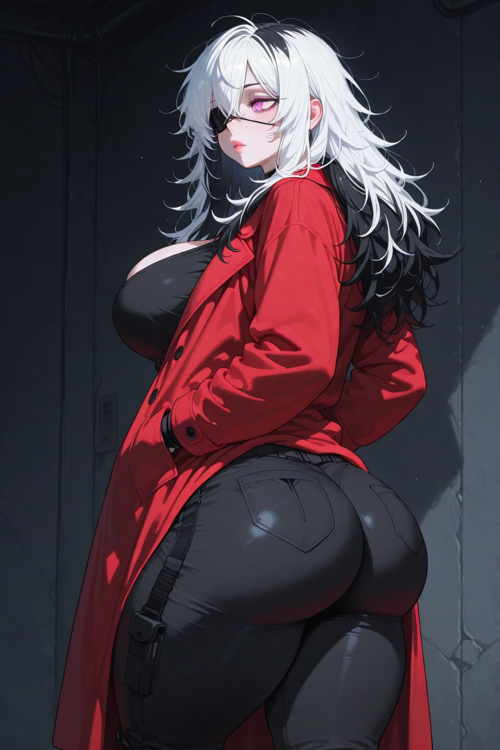 (best quality:1.2, absurdres),4kres, (masterpiece:1.4), ultra detailed, 1girl, mature female, silver hair, red eyes, intricate details, gorgeous girl, stunning looks, detailed eyes and detailed face, red lips, (short red jacket and black thong ), very long hair, bangs, side locks, shiny skin, soft volumetric lighting, cinematic lighting, anatomically correct, full body,((thick thighs:1.3 , wide hips, slim waist, curvy figure, thigh gap, perfect body, huge ass )), cameltoe, perfect anatomically correct hands , dynamic pose, (artstation:1.2), (from behind:1.2), kunaboto