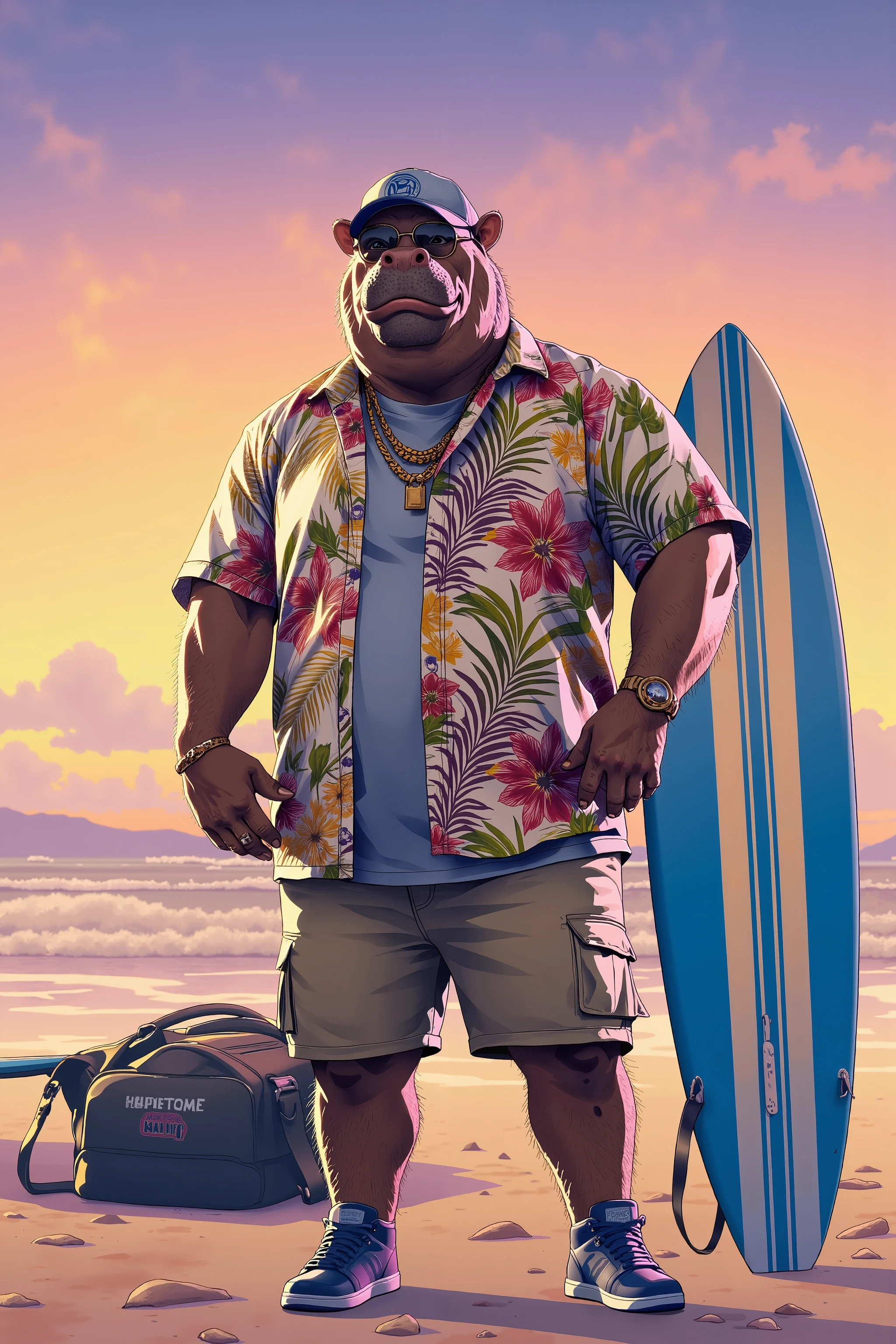 photorealistic portrait of Dressed animals - a ((fat)) (hippo) professional wrestler, (art by Brian Froud),(standing next to a surfboard), high quality,(plus size body:1.5) ,intricate details, highly detailed ((resort fashion)) ,(wearing sunglasses:2.0), (baseball cap, short pants, sneakers),(wearing aloha shirt:1.5) ,(hip hopper's accessories), wearing sunglasses, (happy), backlight effect by sunset,(full body image:1.5),sunset beach background,score_9, score_8_up, score_7_up, score_6_up, score_5_up, score_4_up,,Artwork must be a masterpiece that displays total perfection and amazing attention to detail, including macro details, voluminous light, realistic reflections on surfaces, and ultra-detailed textures. Utilize cinematic effects to enhance the overall visual impact. For best quality, images should be UHD and in sharp focus,