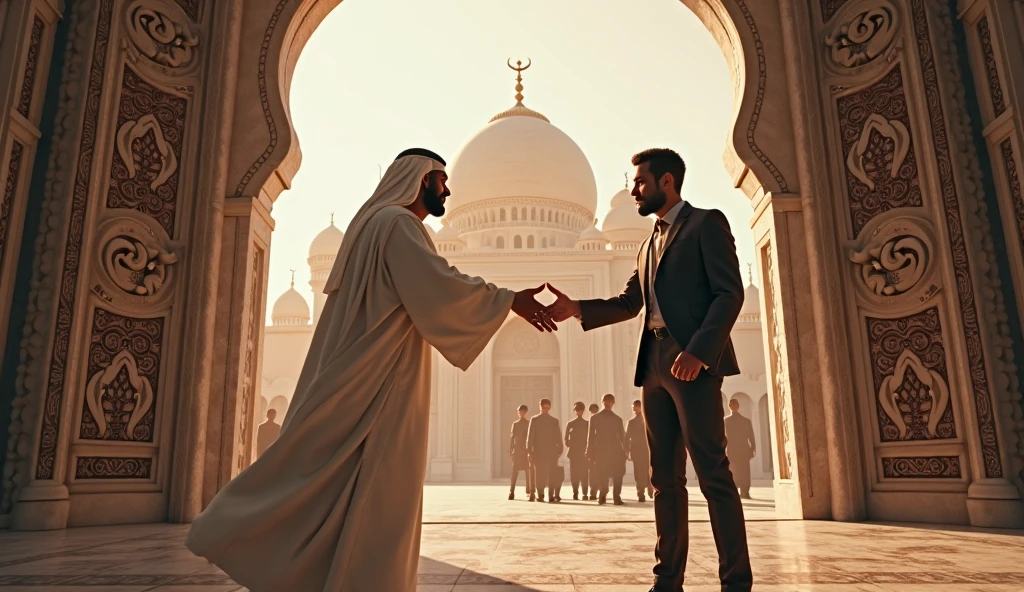 a muslim man give money to a hotel manager