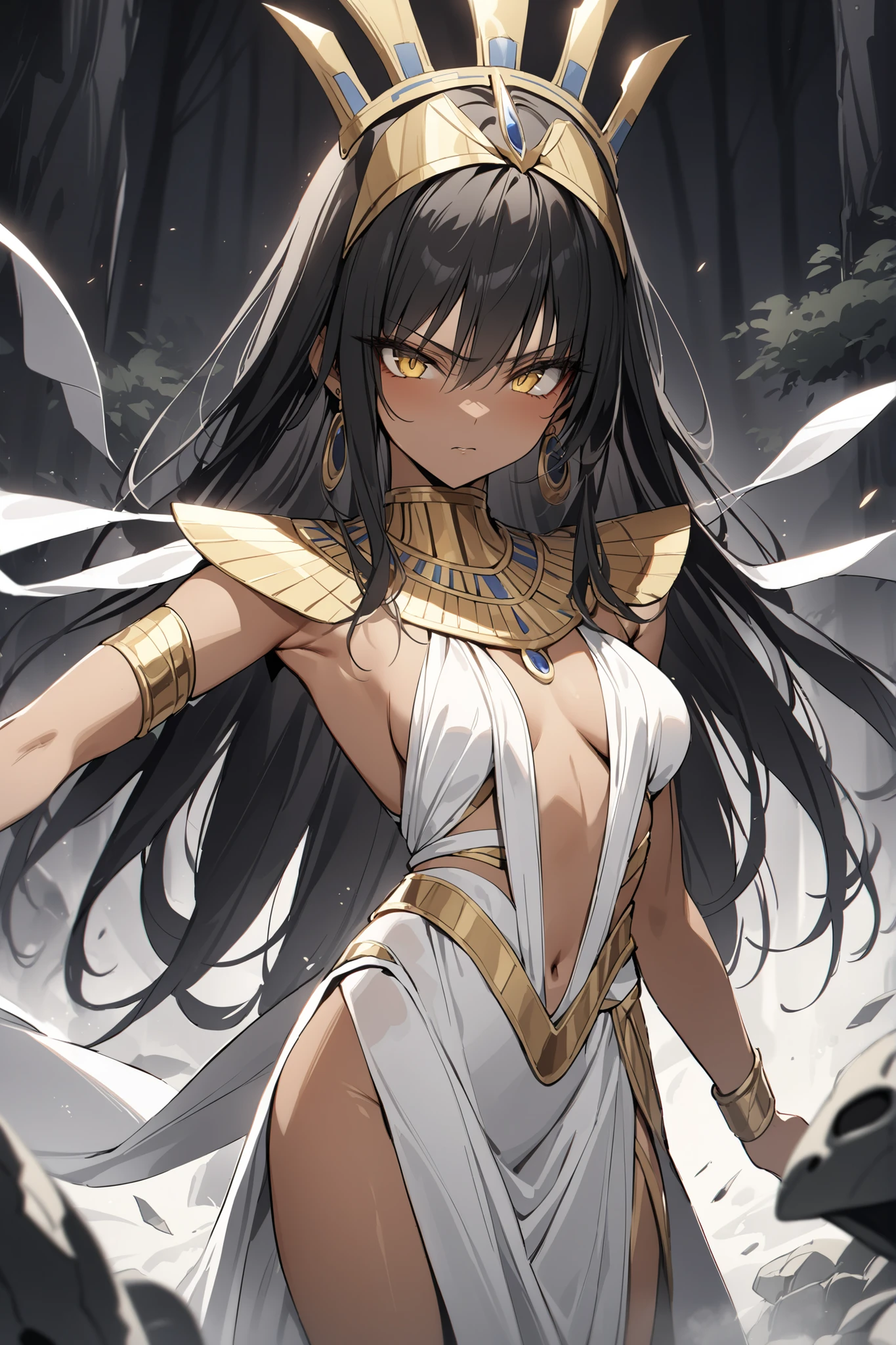 ((masterpiece,Highest Quality:1.2)),(soro),An ancient Egyptian princess with a slender figure and thin legs fighting against enemies on a dark battlefield,cowboy shot, healthy tan skin ,black long hair,Perfect yellow eyes, tree eyes ,serious expression,Gorgeous Gold Crown,Ancient Egyptian costume in white tones,Gold Earrings