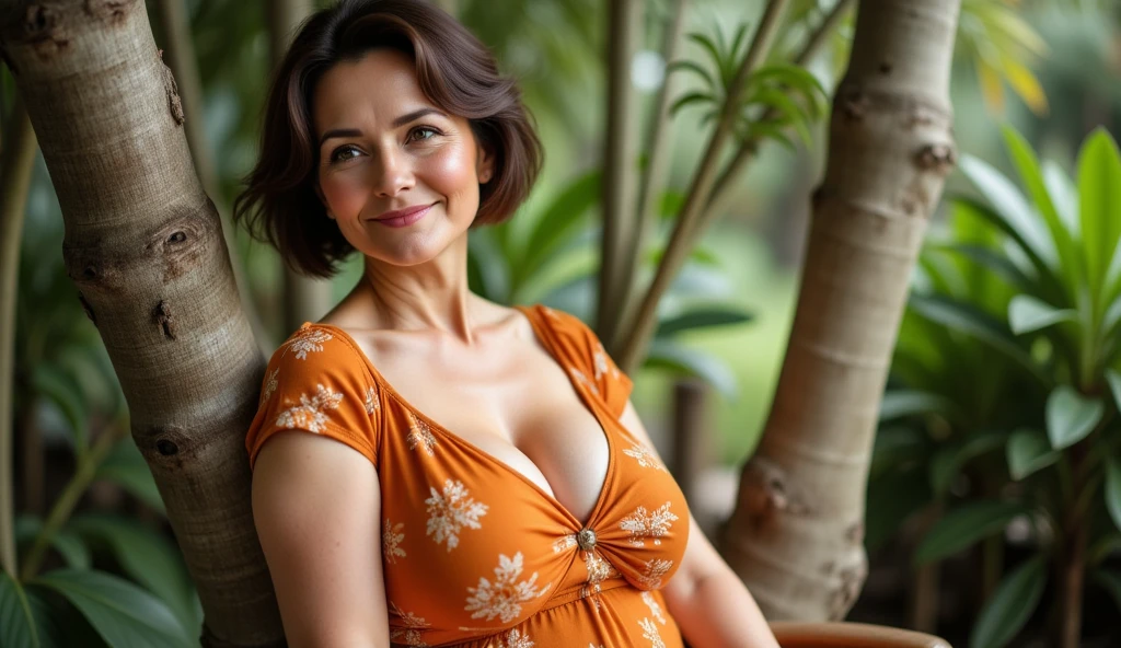 8k wallpaper, masterpiece, highest quality, Ultra-detailed, One mature woman, 50 years old, Highly revealing, Wearing a spring-like shirt, Skin dents, A seductive smile, Looking at the audience, Cleavage, plump, Curvaceous, Seductive face, Toothy smile, was happy, Sitting at a cafe, Background Blur