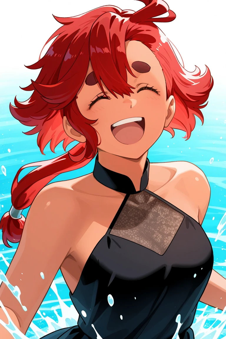 score_9, score_8_up, score_7_up, score_6_up, score_5_up, score_4_up, source_anime, rating_safe, BREAK <lora:beribug_b3ri_v1:0.9>
b3ri, 1girl, solo, red hair, extra arms, , animal feet, nail polish, single braid, white skin, antennae,
beach, striped bikini, medium breasts, splashing, daytime, , sun,laughing, fangs, closed eyes,  standing on one leg,black tongue,nude,  dutch angle, reaching towards viewer,