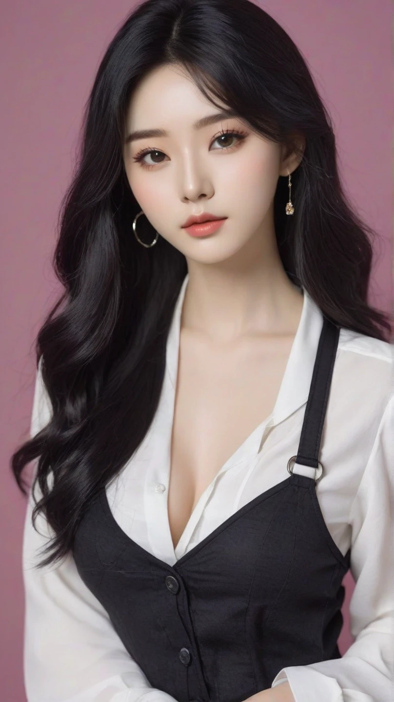 Simple background, (Wearing a policewoman uniform and hat: 1.4), Good hands, 4K, High resolution, masutepiece, Best Quality, Head: 1.3, ((Hasselblad photo)), Fine skin, Clear focus, (Cinematic lighting), Soft lighting, Dynamic Angle, [:( Detailed face: 1.2): 0.2], medium breasts, breasts, (((Inside the mansion))), (Chest exposed: 1.3), 1 girl, Jewelry, earrings, orange_skyporn, Solo, Mole, long_hair, Mole_Under_eye, The upper part of the body_Body, greys_Eyes, up looking_で_viewer,, Brunet, Fashion, (Head tilt: 1.4), Simple background, Red background,