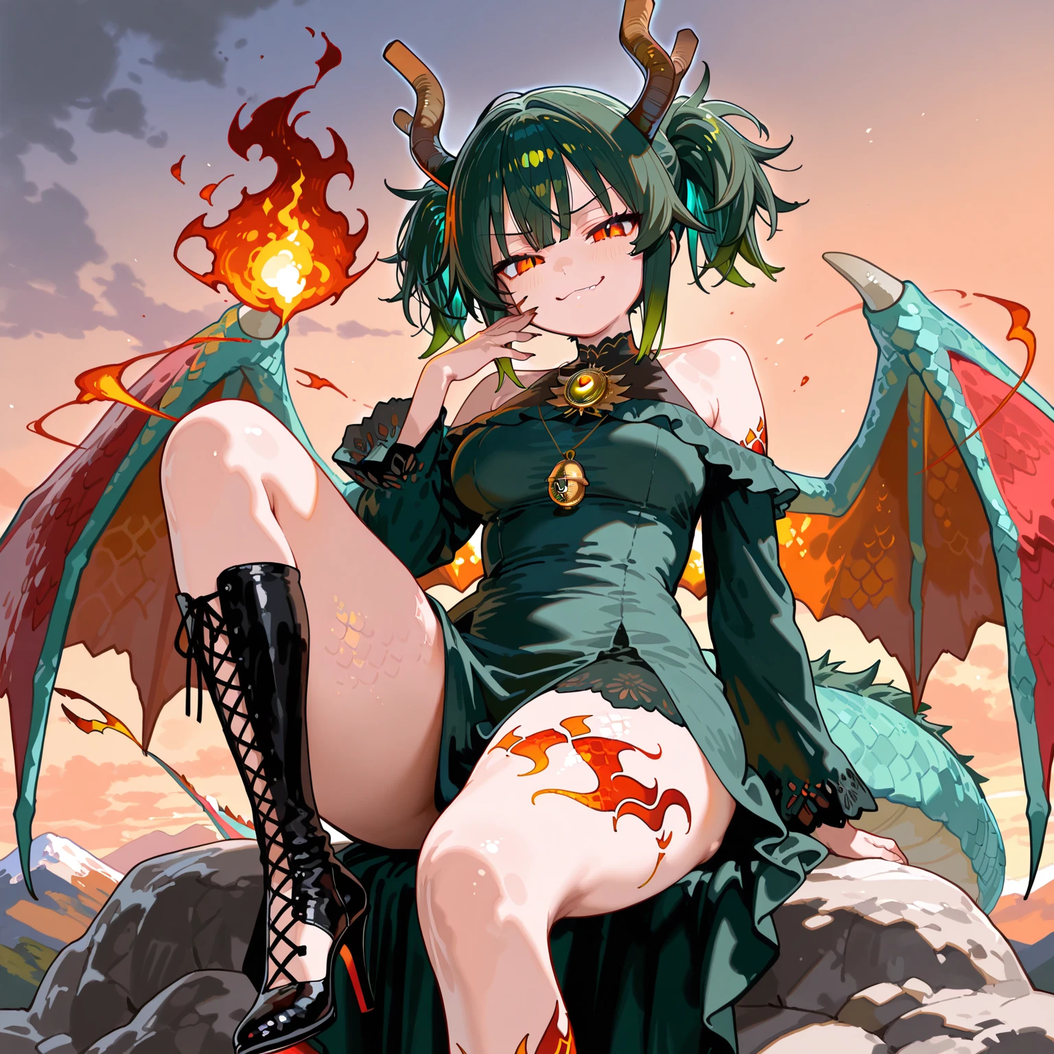 ((Masterpiece: 1.5, best quality, high resolution: 1.3, super resolution, super detailed, ultra detailed: 1.3, rich background: 1.2, Perfect Anatomy:1.5, 1 woman) pale skin + lime green hair + short wavy hair + blue eyes + curvy female figure + red horns and tails + red demon wings (delicate short loose clothing, minimal accessories, no shoes, a thick black necklace) ((open eyes, cute smile, friendly atmosphere, succubus))