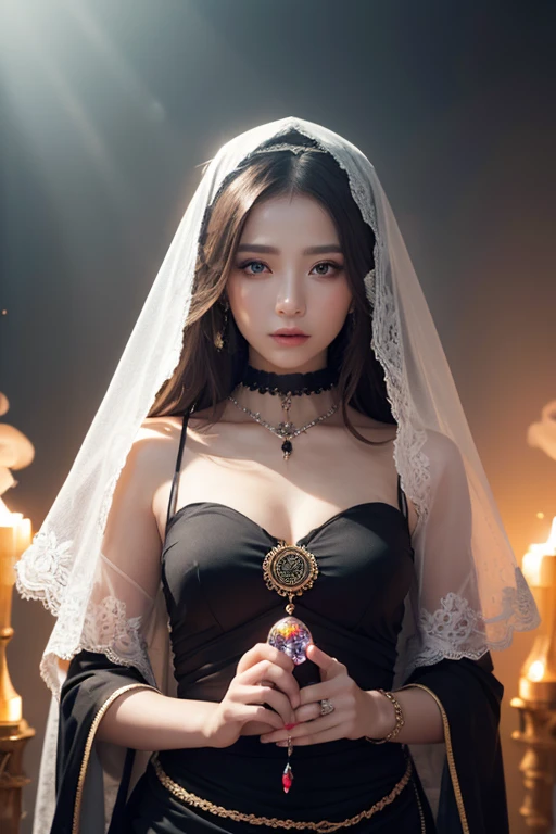 photorealistic, high resolution, soft light,1women, solo, hips up, shining skin, (detailed face), jewelry, tattoo, black nun clothing, black hair, super long hair