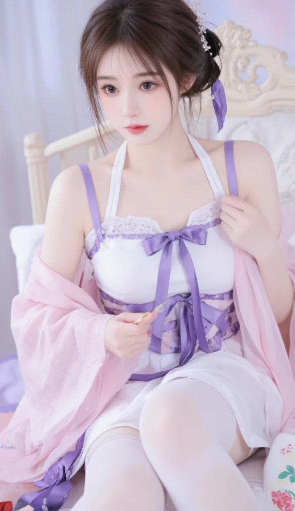 (((flat chest))),((1 girl)),((solo)),((highest quality)), (masterpiece),((High resolution)),beautiful 14 years old girl,model,Japanese, Single-lens reflex camera, Pink Lolita fashion,luxurious study,flower luxury decoration,pink underwear,movie lighting