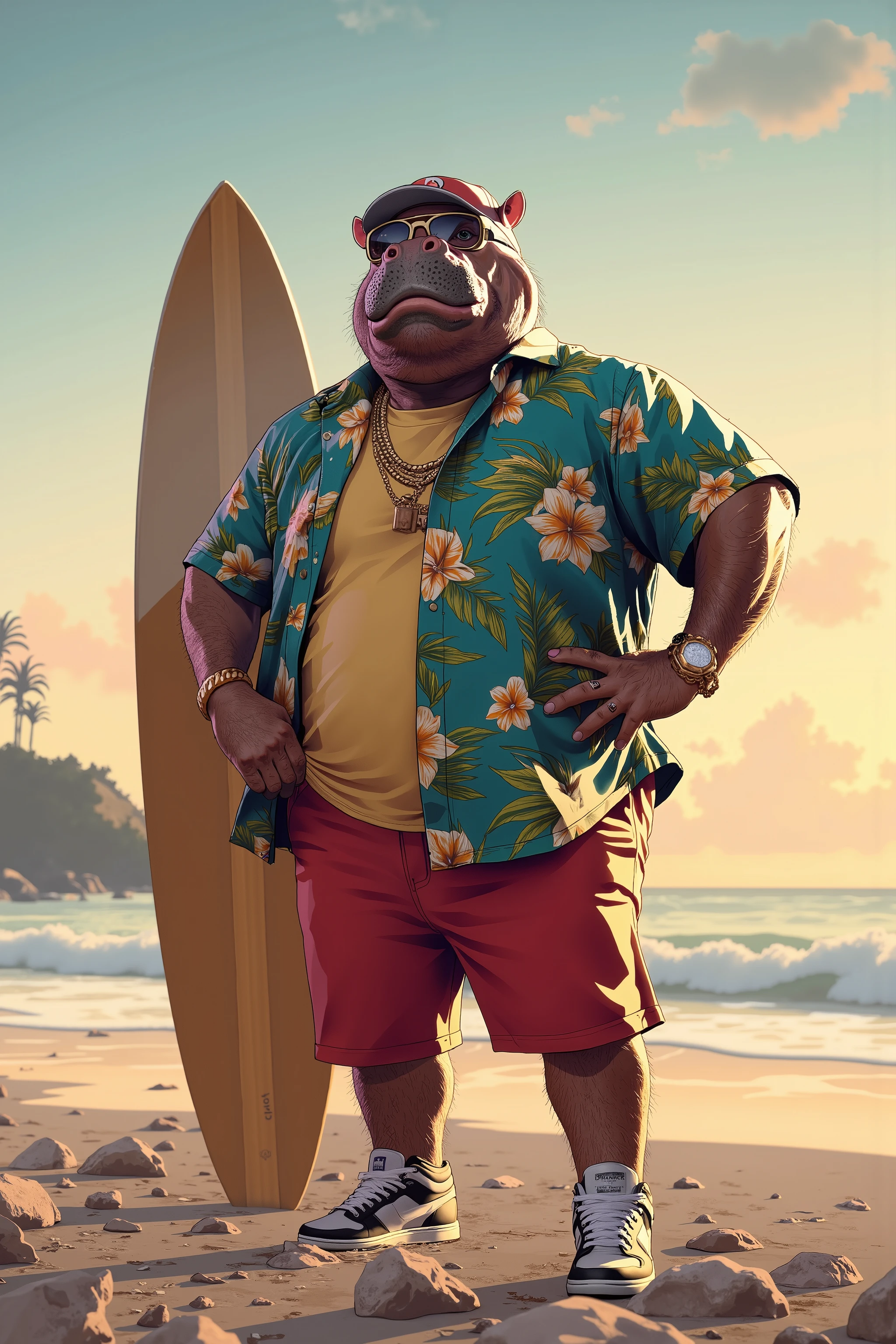 photorealistic portrait of Dressed animals - a ((fat)) (hippo) professional wrestler, (art by Brian Froud),(standing next to a surfboard), high quality,(plus size body:1.5) ,intricate details, highly detailed ((resort fashion)) ,(wearing sunglasses:2.0), (baseball cap, short pants, sneakers),(wearing aloha shirt:1.5) ,(hip hopper's accessories), wearing sunglasses, (happy), backlight effect by sunset,(full body image:1.5),sunset beach background,score_9, score_8_up, score_7_up, score_6_up, score_5_up, score_4_up,,Artwork must be a masterpiece that displays total perfection and amazing attention to detail, including macro details, voluminous light, realistic reflections on surfaces, and ultra-detailed textures. Utilize cinematic effects to enhance the overall visual impact. For best quality, images should be UHD and in sharp focus,