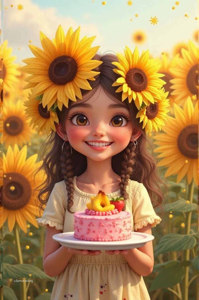 Best picture quality, detailed eyes, long eyelashes, fairy tale world, large decorated cake with lots of strawberries and fruit on it, laughing little 5 year old girl eating cake, smiling happily, best smile, very pretty and innocent girl, long chestnut hair, surprisingly very large round green glowing eyes, lively birthday party, orange summer flowers blooming outside the window,