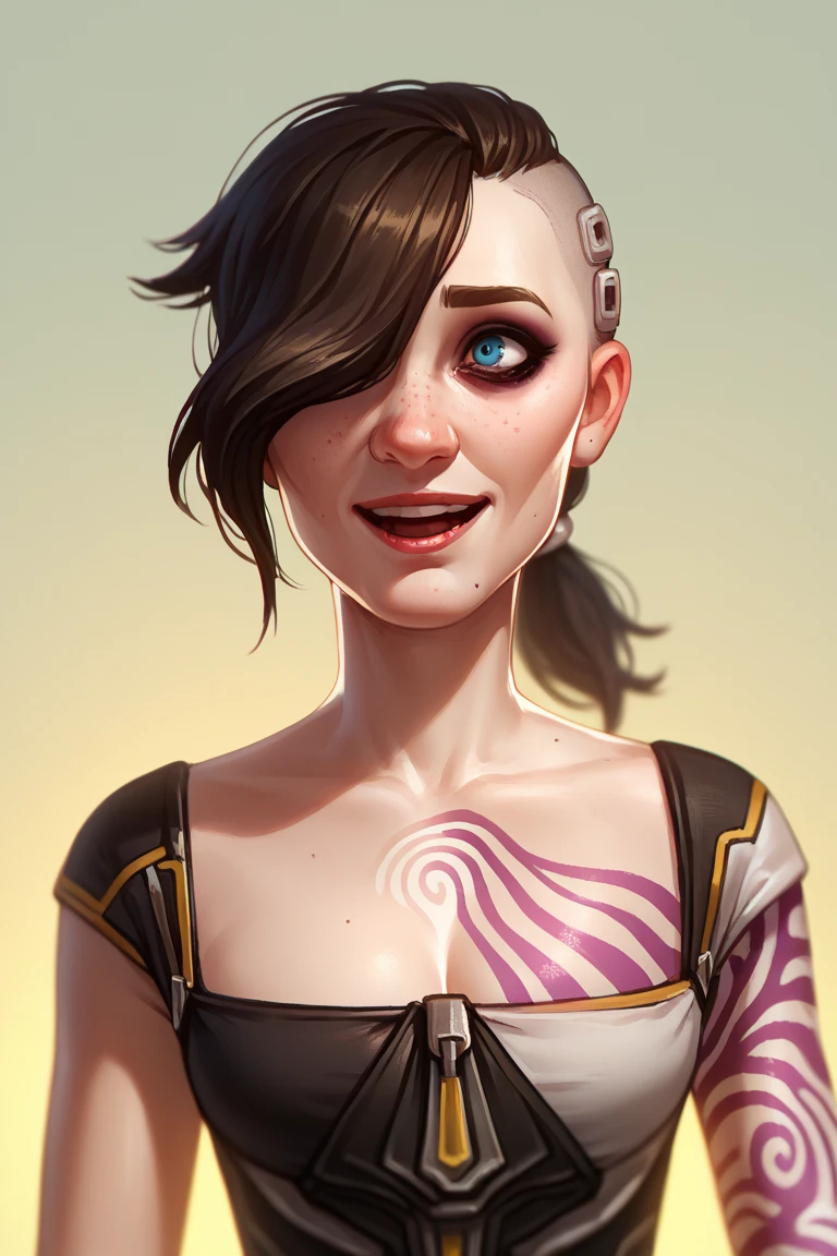 score_9, score_8_up, score_7_up, BREAK, 1girl, solo, angelbl, tattoo, excessive freckles, makeup, hair over one eye, asymmetrical hair, ponytail, bodysuit, dress, open smile, portrait, cleavage 