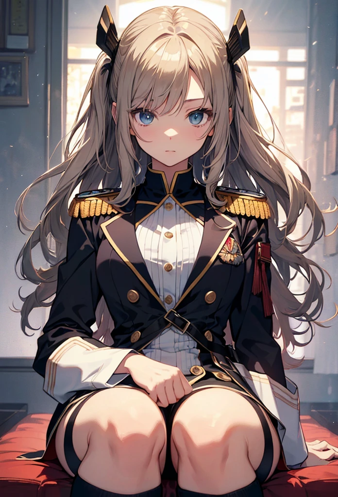 (highest resolution, distinct_image) superlative, woman, masterpiece, high detail, semi-realistic, blonde long-haired, 25 years old, young, black uniform, military uniform, military school, serious, high cold, meeting, sadness