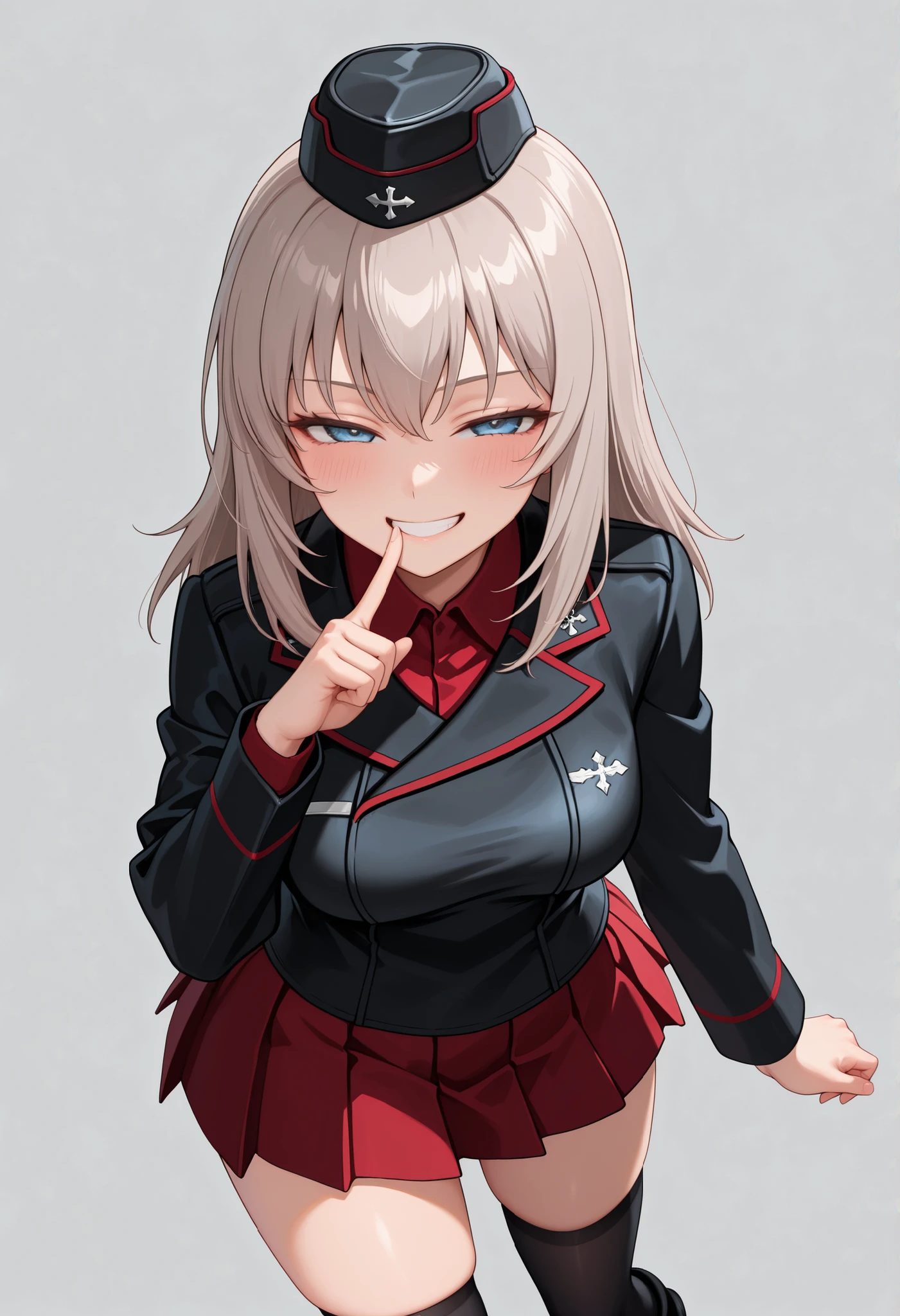 masterpiece, best quality, EyesHD, perfect hands, perfect fingers, itsumi erika, 1girl, solo, 

blue eyes, grey hair, long hair, 

garrison cap, black headwear, kuromorimine military uniform, black jacket, insignia, wing collar, long sleeves, red shirt, pleated skirt, red skirt, black legwear, black boots, 

enormous breasts, 

skindentation, 

blush, ((half-closed eyes)), grin, smile, looking at viewer, 

no background, cowboy shot, 
standing, put index finger on mouth, 

adjusting clothes, 