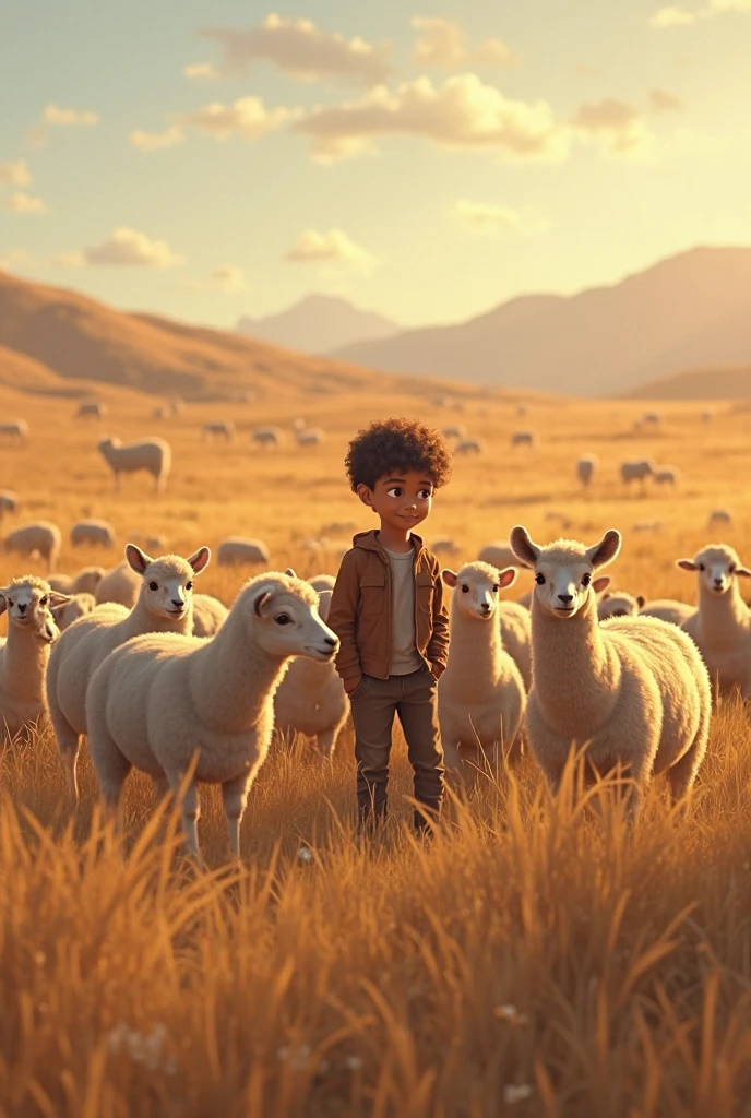 a black African boy in a farm of goats, goats eyes shining white, ethereal smoke covering the farm, white sun in background shining a light providing a white and light yellow colour grading, 32k, ultra HD, unreal engine rendered, cinematic lighting