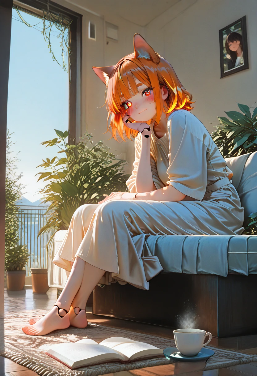 Cute red haired girl in striped dress next to a bunch of kittens
