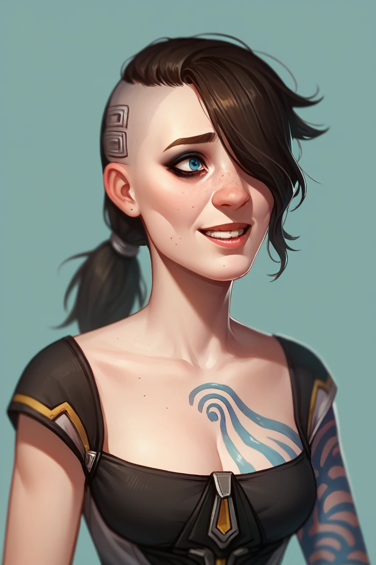 score_9, score_8_up, score_7_up, BREAK, 1girl, solo, angelbl, tattoo, excessive freckles, makeup, hair over one eye, asymmetrical hair, ponytail, bodysuit, dress, open smile, portrait, cleavage, medium breasts 