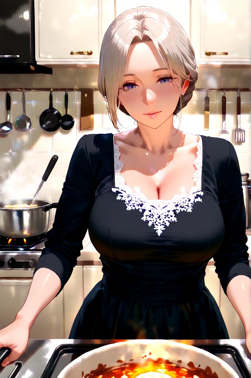((((masterpiece, best quality, high resolution)))), Extremely detailed 8K, Beautiful girl body, (Ultra HD, Ultra-detailed, Highly detailed, Highly realistic, Ultra-realistic, photograph realistic), (1girl:1.5), (Realistic white hair), short wavy hair, bob cut, (dynamic poses), facing at camera, light smile, purple eyes, average breasts, cleavage, blush, (beautiful detailed face, beautiful detailed eyes), glow, (sunbeam, sunlight), naked apron, kitchen, arms behind back,