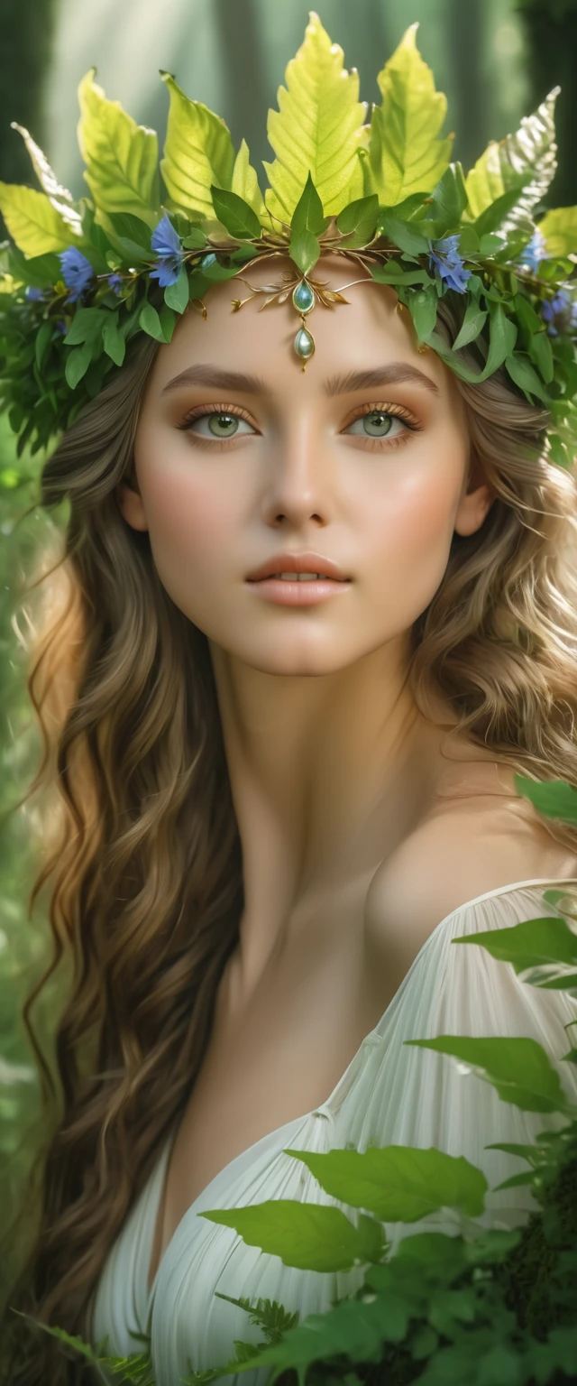 a girl. face sent feeling. Europe. Oval face. long face. delicate facial features. half-closed eyes. seductively seductive. green eyes. long straight hair. green hair. wreath on head. big breasts. big thighs. Sad. shy. green silk nightgown. shy sitting posture. straight face. outdoor