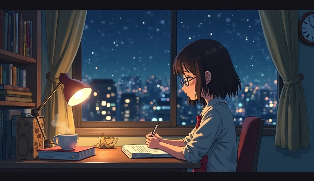 "size": "16:9",
"prompt": "An illustration in the style of Studio Ghibli, showing a young girl studying at a desk under a desk lamp. The room is cozy, with a window showing a nighttime cityscape outside. The girl is focused on her studies, surrounded by books and papers, creating a calm and relaxed atmosphere perfect for lofi music."