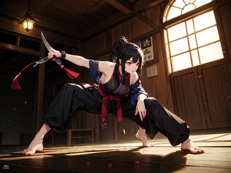 A female ninja throwing shuriken on a tatami mat feels embarrassed。