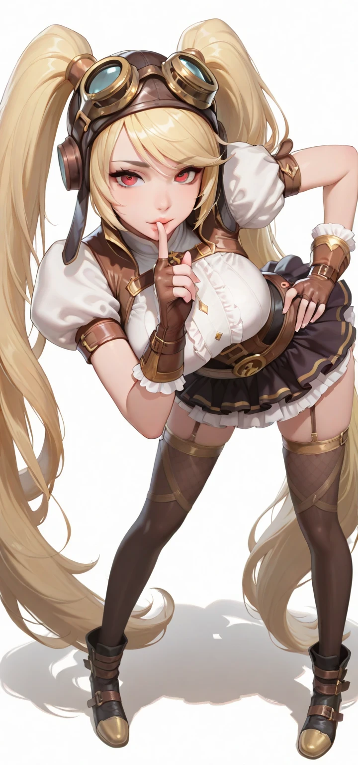 (masterpiece, best quality:1.2), 1girl, solo, blond hair, blue hairband, blue hair ribbon on the left, white-blue breast, black gloves, knight skirt, gray background