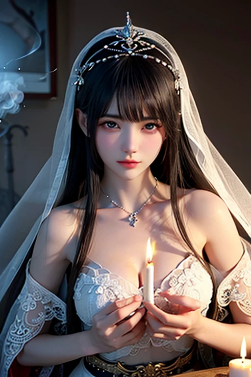 Black hair, Gradient hair, There are precious stones on the forehead, rimless eyewears, mouth veil, Sparkling pupils,long eyelasher, One eye closed, grin, hyper photorealism, Cinematic lighting, projected inset, surrealism, hyper HD, Masterpiece, 16k,Lie down in bed,In a dream,Wear transparent silk pajamas,Sweating all over,Fantasy space,Luxurious space