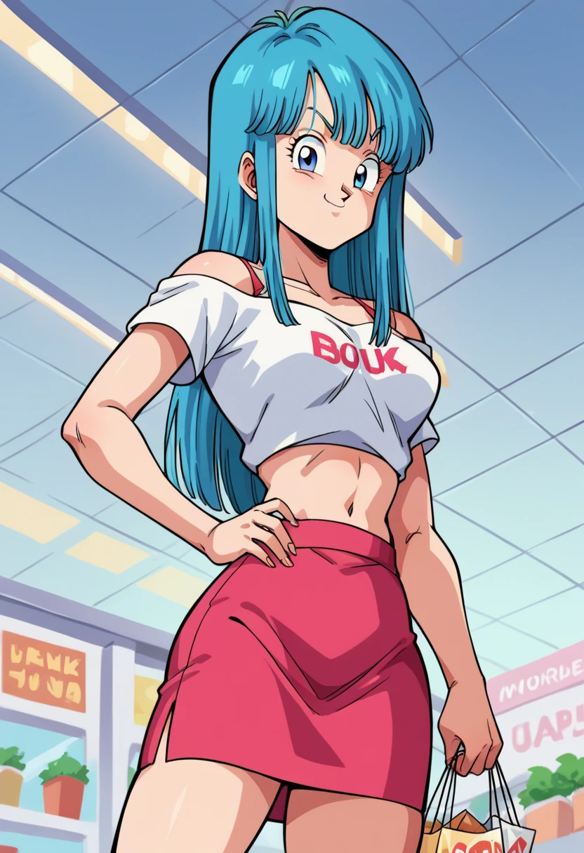 score_9,score_8_up, score_7_up, score_6_up, score_5_up, score_4_up, source_anime, 1girl, bulma, large breasts,crop top, areolae, puffy nipples, navel, underboob, from below,solo
