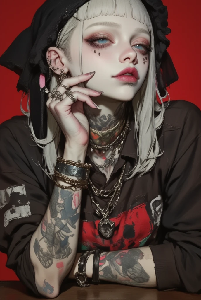 masterpiece, ultra detailed, hyper detailed, insanely detailed, detailed, high quality, best quality, exquisite, beautiful, woman, shy, wink, making a V sign, looking at viewer, black hair, big eyes, slant eyes, wide-eyed, heterochromia, with heart-shaped pupils, wheatish skin, skirt, choker, with a tattoo, piercing, beauty mark, freckles, blush, nail polish, long hair, twintail, very long hair, long hair, twintails, spiked hair, flipped hair, ahoge, shiny hair, wavy hair