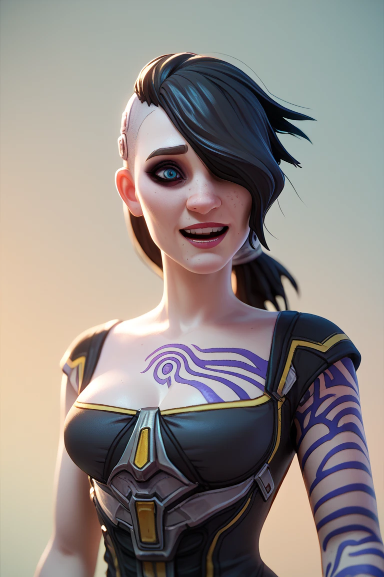 score_9, score_8_up, score_7_up, BREAK, 1girl, solo, angelbl, tattoo, excessive freckles, makeup, hair over one eye, asymmetrical hair, ponytail, bodysuit, dress, open smile, portrait, cleavage, medium breasts, underboobs 