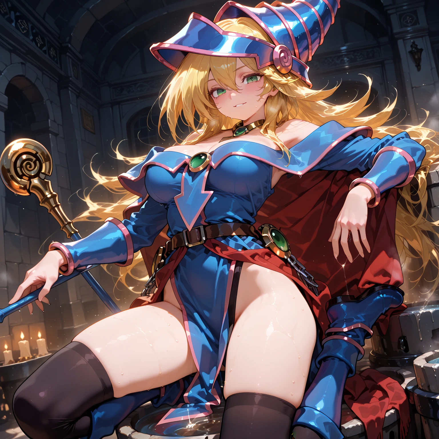 steampunk), (Masterpiece:1.2), (best quality:1.2), perfect light, Dark Magician Girl ร่ายมนตร์, In combat. Float in the air, Visible medium sized , transparent collar, Blue coat, big hat, from above, Sparks, Yu-Gi-Oh Game, miracle of the heart. light of heart, romantic heart. She wears high heels. with heels. Wear high heels information