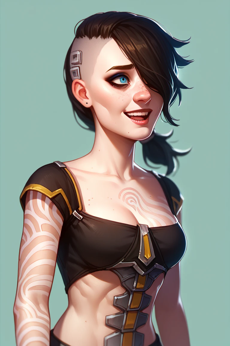 score_9, score_8_up, score_7_up, BREAK, 1girl, solo, angelbl, tattoo, excessive freckles, makeup, hair over one eye, asymmetrical hair, ponytail, open smile, portrait, cleavage, medium breasts, underboobs, midriff 