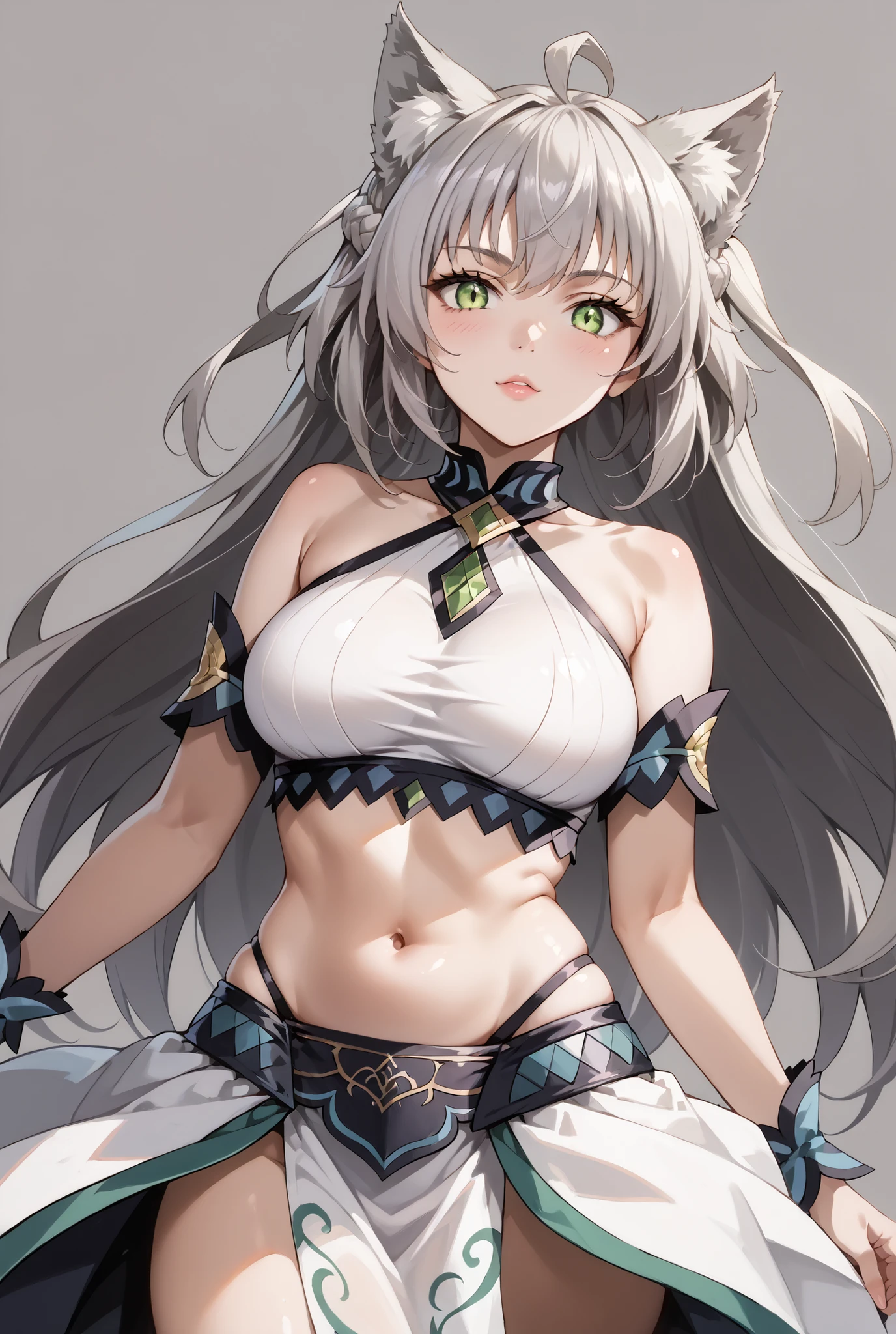 (((Masterpiece))), (Portrait), Diffused light, dynamic shadowing, Sharp focus, Realistic, Detailed, A high resolution, absurderes, Anatomically correct, Slight smile, White background, Torn clothes, Looks to the side, Belly button, Medium breast, Blush
