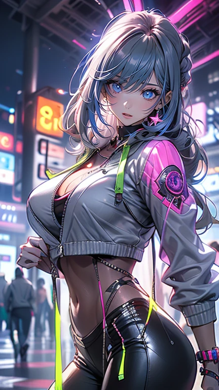 ((An exhilarating masterpiece anime illustration comes to life, showcasing a cyber girl with an extremely delicate and beautiful appearance.).), ((Her exposed face, a work of art in its own right, boasts intricate details and an ethereal allure)).), ((A mechanical member, meticulously crafted, attaches to her neck via tube connections (1.2)).), ((Her body, an intricate labyrinth of wires and cables, glistens in the neon-lit cityscape.)), ((She wears a colorful Harajuku tech jacket, emblazoned with a bold logo, adding to her allure as she assumes a dynamic pose.)), ((Be