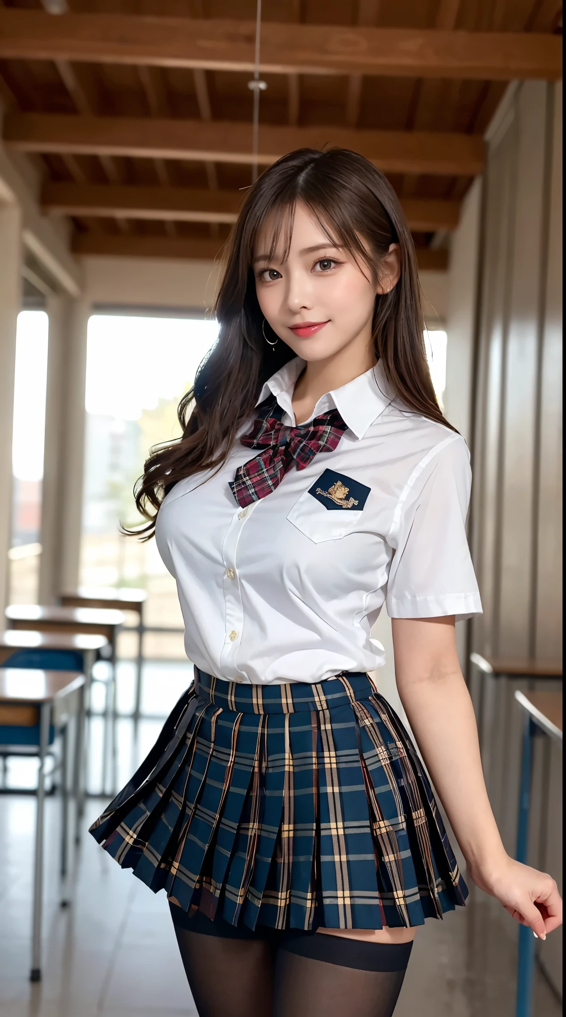 top quality、8k、best image quality、winning work), two beautiful women、1 lady, Beautiful, radiant skin , masterpiece、top qualityの、ultra high definition、depth of field、Lens Flare ,、brown hair, Big breasts, staring at the viewer's gaze, Big breasts ,perfect legs, model pose, view from below, Smiling , (School Uniform, , Micro Mini Pleated Tartan Skirt:1.3), (Glittering Shiny Pantyhose), long legs_wide thighs_Thin knees_, Thin Black Pantyhose, Plaid pleats _Ultra Short Miniskirt, low angle, Glossy Shining Pantyhose Legs_big thighs, high heels,