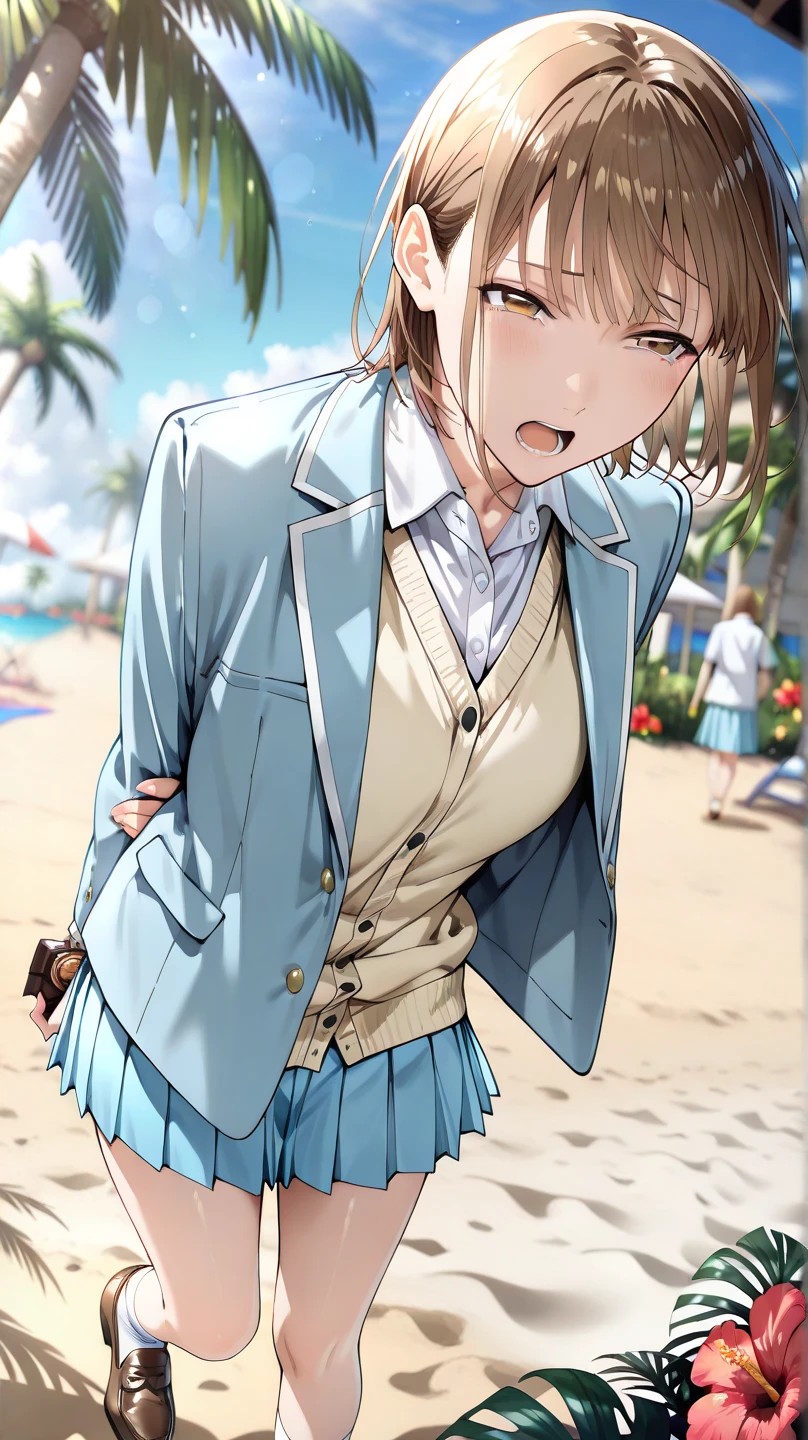 gawr_gura with brown hair and brown eyes, Artist, erere, Copyrights, idolmaster, idolmaster_shiny_colors, Character, General, 1girl, brown_hair, blunt_bangs, blush, medium_breasts, breasts, detailed eyelashes, beatiful girl:1, brown_eyes, censored, skirt, pleated_skirt, school_unform, twin_braids, rubbing_eyes, half_closed_eyes, sleepy, :|, (full_body) (standing in middle, beach_umbrella), sky:0.7, detailed, sand, outdoors, from_side, looking_at_viewer, masterpiece, best_quality, great_quality, girl, solo, center_composition, centered character, cute