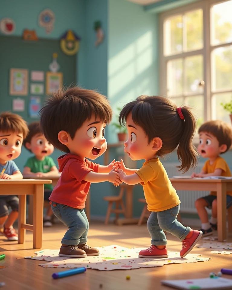 Elementary school students showing each other the soles of their feet