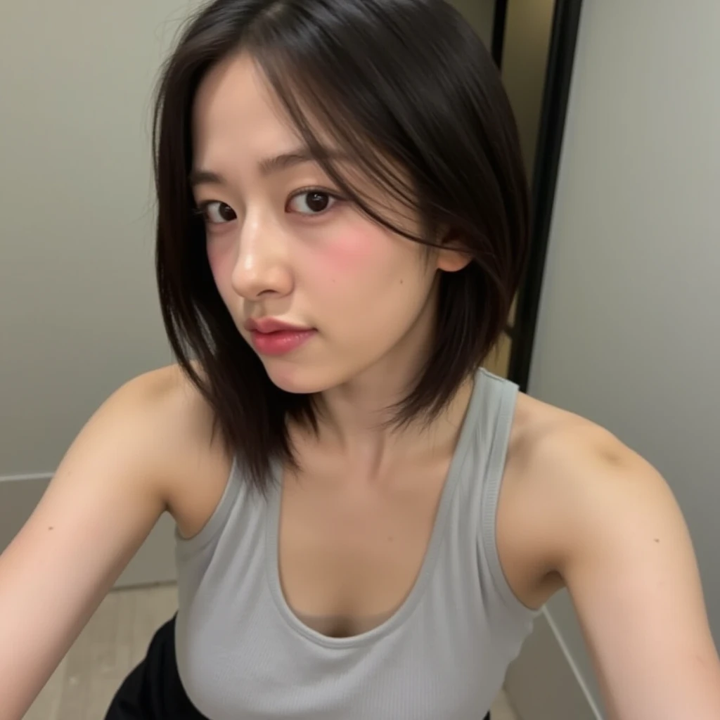 Very detailed CG Unity 8k 壁紙、highest quality、Very detailed、masterpiece、Realistic、Photorealistic、Very detailedかわいい女の子、18-year-old、Plump、round face、Round eyes、Audience、blush:2.0、Fair skin、Multiple moles、Open Mouth、Semi Body Shot、Sportswear、Gym、short hair,Large Breasts、edgOrgasm,face focus,Sweaty、fingers touch body
