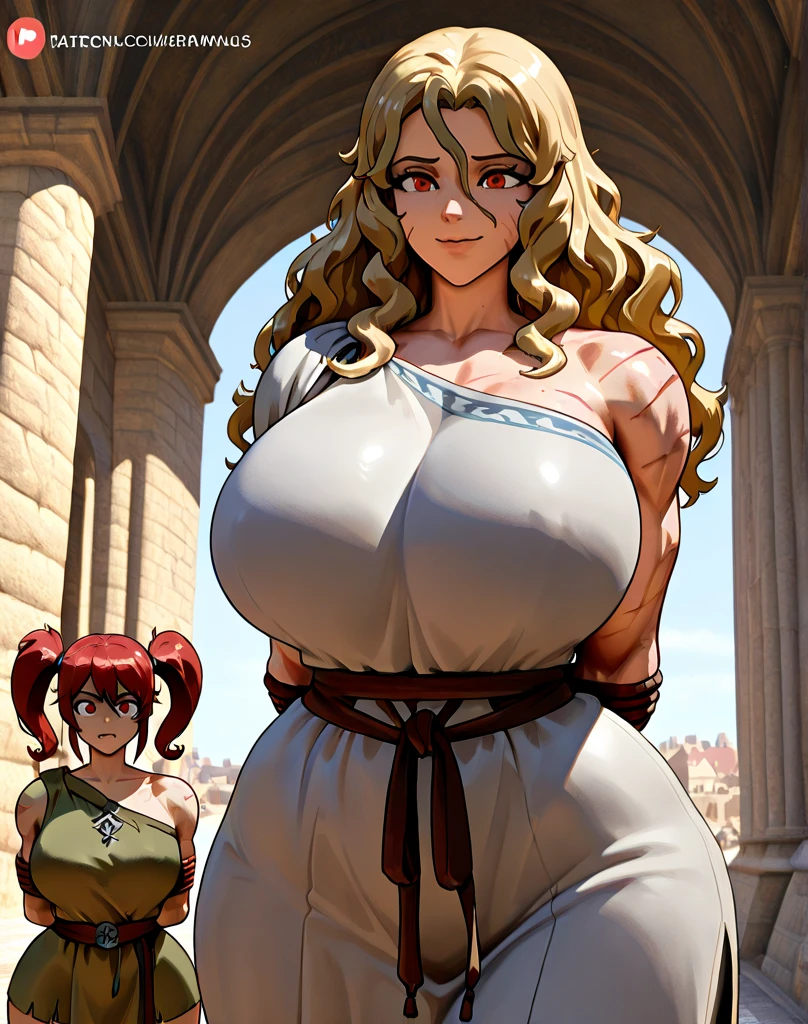 (Forrest:Face:LORA)(Curly Blonde Long Hair) full body, barefoot, solo, female, big breast, linen tunic, fantasy village, armor, Handcuffs on their hands with a collar around the neck, hands on hips, slave ((black choker, shackles on legs and arms))