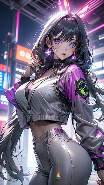 ((Obra maestra)), La mejor calidad, absurdos, Ultra detallado, holographic, Disparo de vaquero, golden ratio, Super cute girl, Chica madura, idol girl, Super beautiful Asian girl with very beautiful violet bright eyes, beautiful multicolored shiny brown hair, Cola de caballo alta, bueno y , cuerpo delgado, cuerpo perfecto, Using a super tight anime print leotard, Un anime impreso super apretado fuera de los hombros manga larga crop top, A super aesthetic transparent mini jacket, hermoso adorno para el cabello, Tenis Pink Jordan, Siendo fotografiada en una tienda del centro comercial con su guapo novio flaco, con cabello negro desordenado y brillante, and super casual clothing