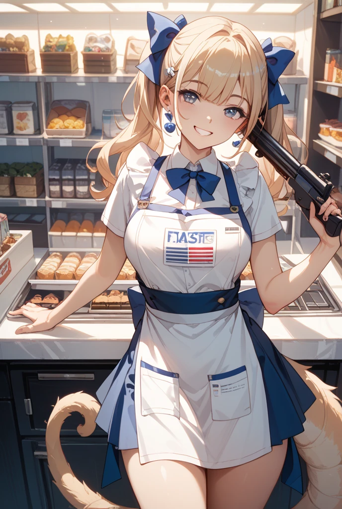(masterpiece:1.2, best quality:1.1, highres,absurdres, high quality),(photorealistic:1.1),reflected light, colorful,ultra-detailed, ultra hd, super detailed,
Yaasaka,blonde hair, very long hair, orange eyes, ponytail, hair ornament, hair stick, fox ears, ((fox tail, multiple tails)), gcop, policewoman, police uniform, alley, unbuttoned shirt,collarbone,short skirt,black legwear,( holding donut,donut,tray), smile, cowboy shot, solo focus,
<lora:LowRA:0.2> <lora:HighSchoolDxD_Yaasaka:0.75> <lora:GCop:0.4>