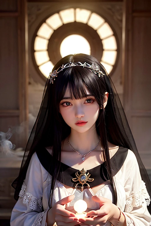 Mysterious woman, shrine maiden ,cute face, Straight hair, dark black color hair,Medieval mystery clothes, Mysterious hermit, White Magician,magical lights,albino,Red Eyes, Red glowing eyes,Magical powers,nsfw,cleavage,cleavag e cutout,cleavage