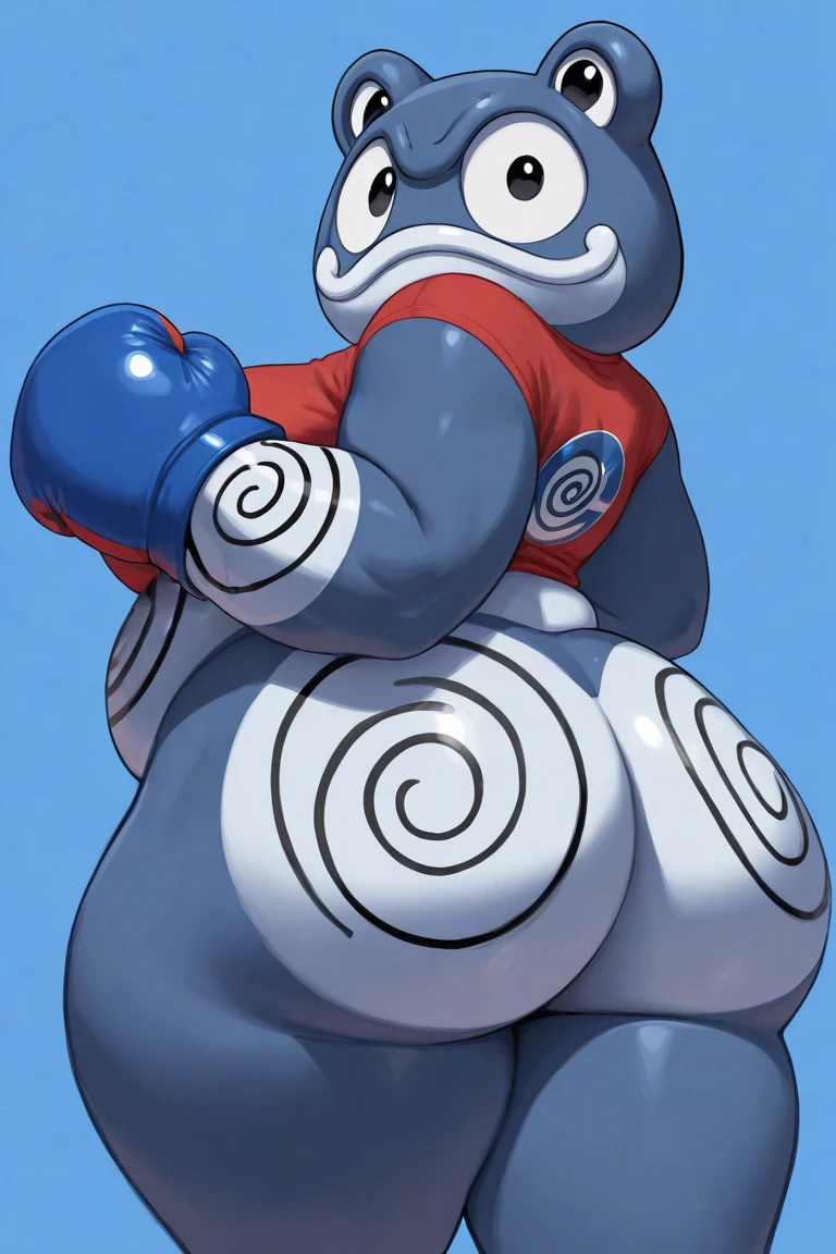 a fat robot , with long legs and his anu a coke with a tongue
